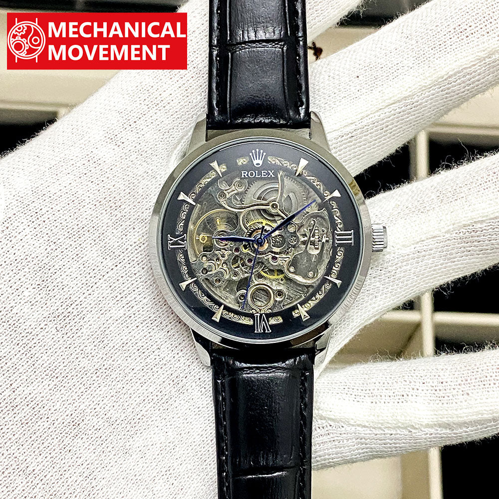 ROLEX Skeleton Automatic Leather Strap Watch